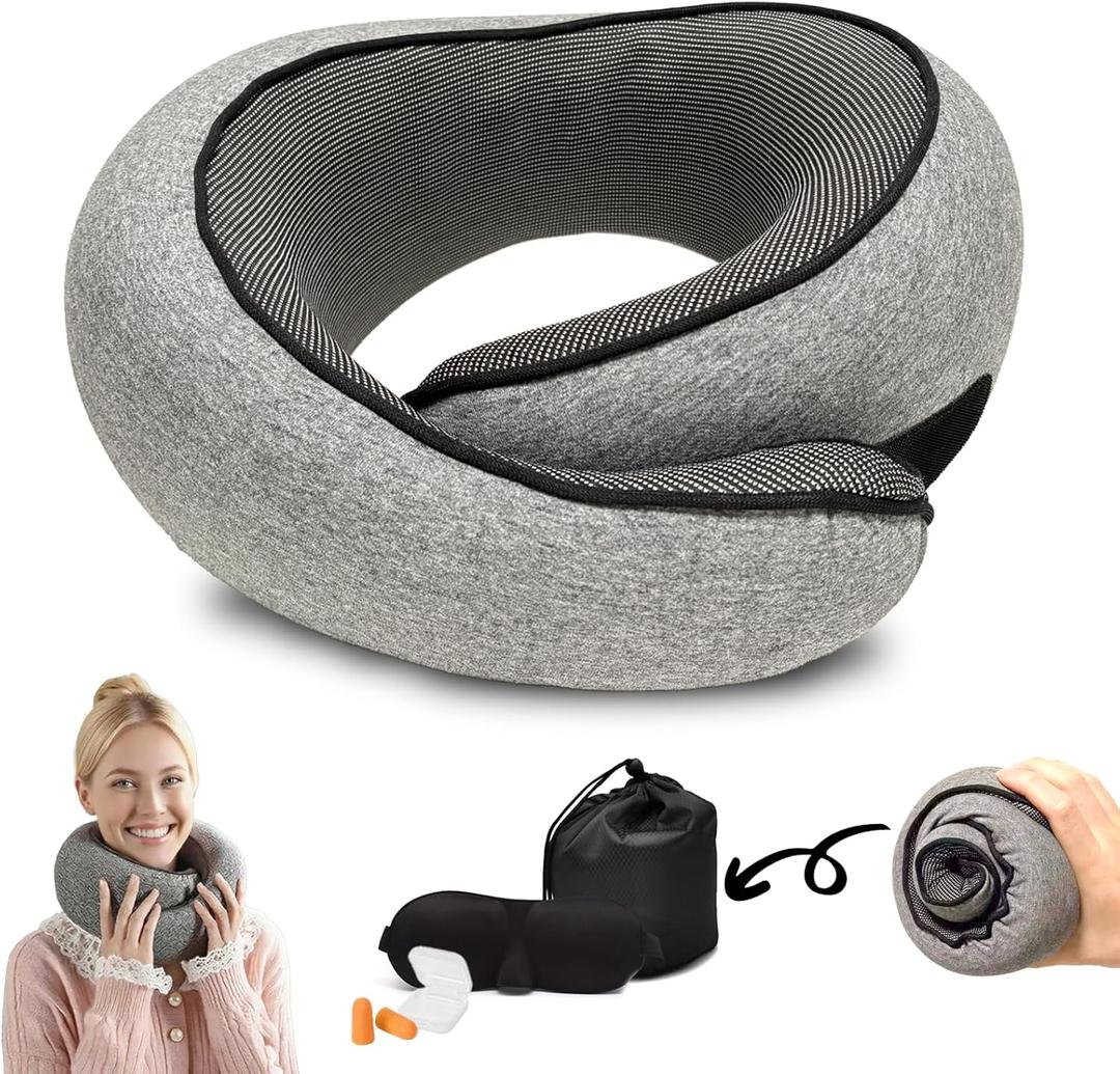 Travel Neck Pillow for Airplane, Adults Memory Foam Neck Pillow, Ergonomic 360 Neck Support for Airplane Car Travel Home Office Sleep, Packable Compact Portable Turtle PillowsGrey