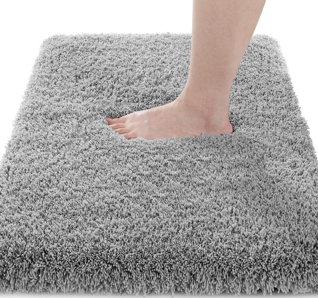 Yimobra Fluffy Plush Bath Rug, Super Shaggy Soft Comfortable Non Slip, Water Absorbent Microfiber Bath Mat, Dries Quickly, Machine Washable Thick Bathroom Rugs for Shower, 44"x 24", Pure Gray