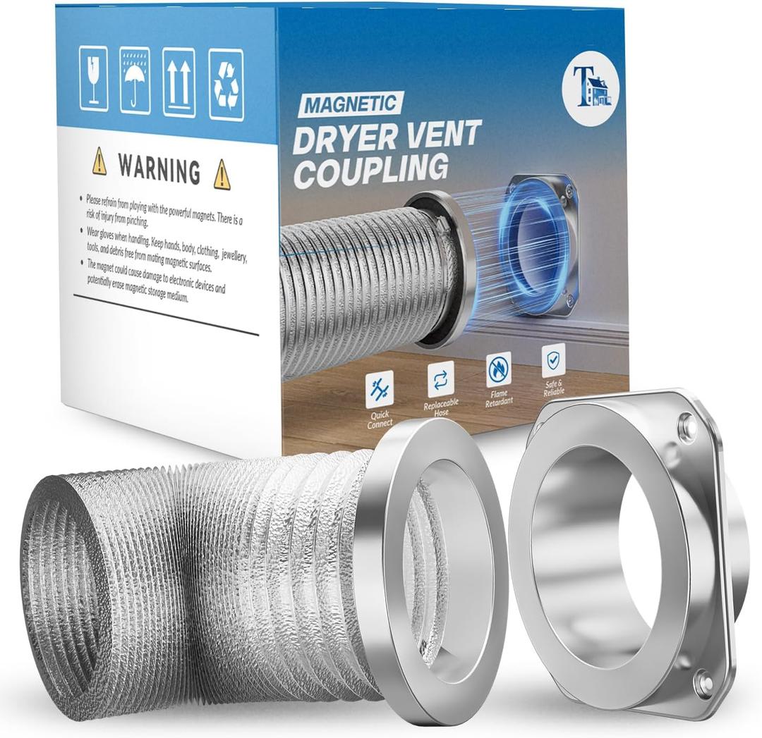 Magnetic Dryer Vent Coupling DV180 - Airtight Seal, Quick-Connect & Easy Clean, Strong Magnet Self-Alignment, Includes 4" Duct and two Clamps (Silver)