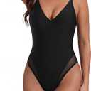SUUKSESS Womens Tummy Control Bathing Suit V Neck Open Back One Piece Swimsuits (Small, 199black Mesh)