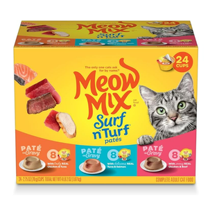 Meow Mix Paté in Gravy Wet Cat Food Variety Pack, Surf n’ Turf Patés, 24 Cups, 2.75 Oz. BB Date: 08/09/2027
