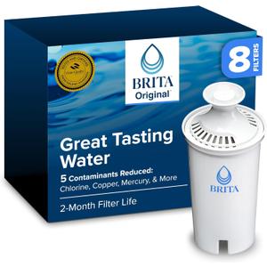 Brita Standard Water Filter for Pitchers and Dispensers, BPA-Free, Reduces Copper, Cadmium and Mercury Impurities, Lasts Two Months or 40 Gallons, Includes 8 Filters, White