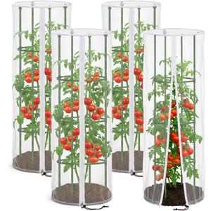 4 Pcs Garden Bird Netting Cover for Round Tomato Cage, 59" x 18" Tomato Trellis Insect Barrier Protection Mesh, Plant Cage Garden Net Cover with Zipper for Vertical Climbing Plants Vegetables Fruits