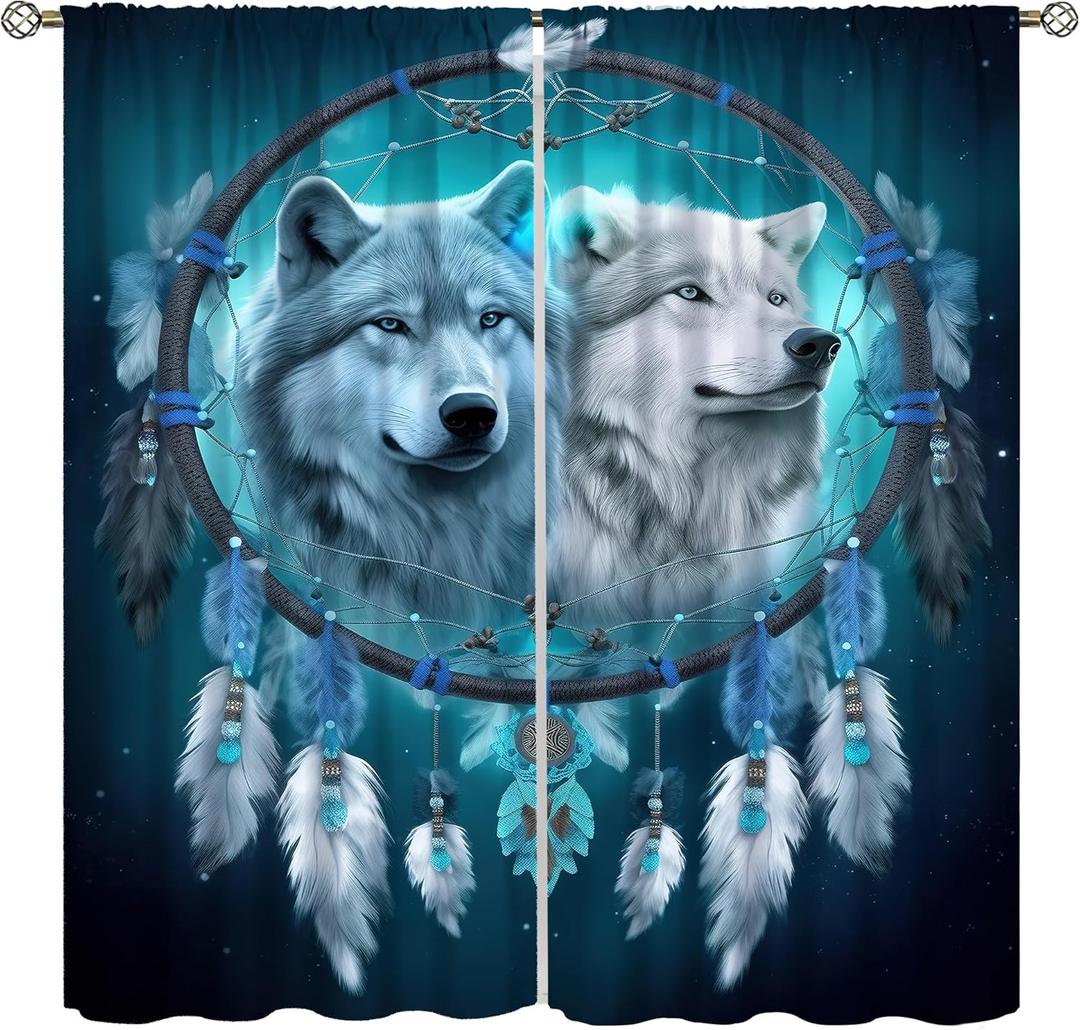Wolf Blackout Curtains for Bedroom,Mystery Dream Wonderland Blue and White Feather Dreamcatcher Totem Wolves Wildlife Window Drapes Print for Boys Girls Juvenile Room Living Room Bathroom 42x63in
