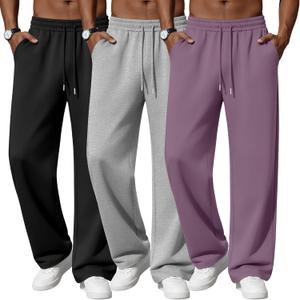 Neer 3 Pack Men's Lounge Pants Lightweight Open Bottom Baggy Sweatpants Casual Drawstring Joggers with 3 Pockets for Leisure (Medium, Black, Light Gray, Gray Purple)