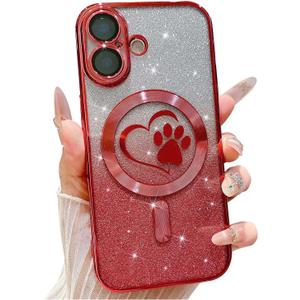 for iPhone 17 Case, Glitter Clear Cute Paw Love Heart, Compatible with MagSafe, Strong Magnetic Full Camera Lens Protection Cover, Soft Slim Bling Phone Case 6.3" - Red