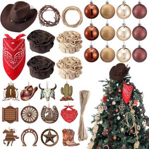 Syhood 32 Pcs Western Christmas Tree Ornaments Wooden Hanging Western Cowboy Hat Decorations Fake Rusted Barbed Wire Garland Rope Xmas Ball Ornament for Xmas Holiday Party West Theme Home Decor