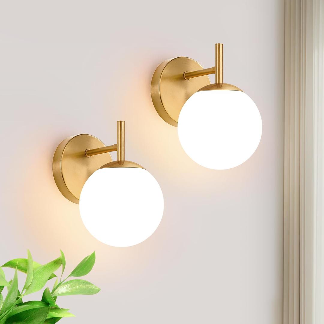 Set of Two Gold Wall Sconces, 2-Pack Brushed Gold Bathroom Light Fixtures with Milky White Globe Glass, Modern Sconces Wall Decor Set of 2 Wall Light for Hallway Bathroom Mirror (Bulb not included)