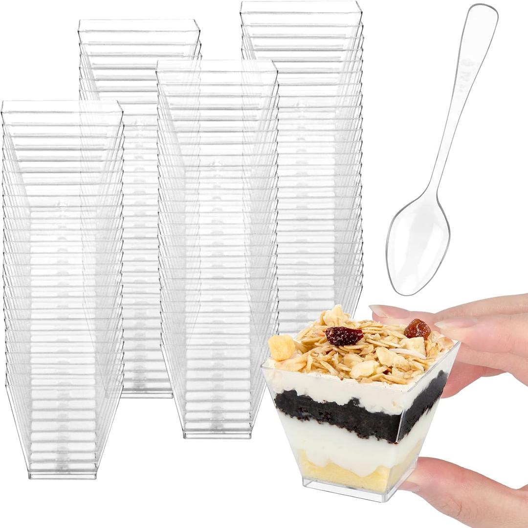 Colovis Mini Dessert Cups, 200 CT 2oz Clear Plastic Parfait Appetizer Cups with Spoons Mini Square Dessert Bowls for Serving, Tasting (200)