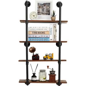 GarveeHome Industrial Pipe Shelving Wall Mounted, 30in Metal Floating Shelves, Steampunk Real Wood Book Shelves, Wall Shelf Unit Wineshelf Hanging Wall Shelves, Kitchen Bar Shelving(4 Tier)