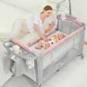 BabyBond Baby Bassinet Bedside Crib, Pack and Play with Sheet, Diaper Changing Table and Music Mobile from Newborn to Toddles, Portable Large Playard (Pink)
