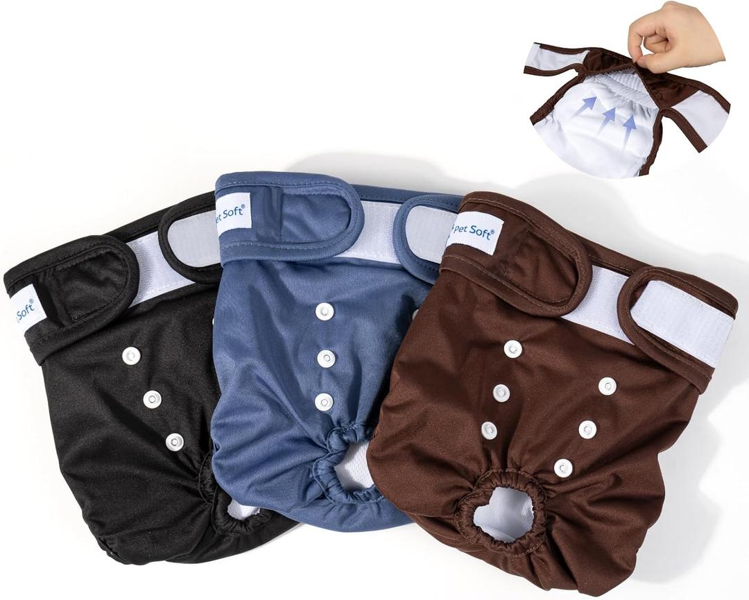 Pet Soft Washable Female Diapers (3 Pack) Female Dog Diapers, Comfort Reusable Doggy Diapers for Girl Dog in Period Heat (Deep Set, L)