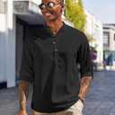 COOFANDY Men's Casual Henley Shirts Long Sleeve Band Collar Lightweight Beach Shirts Summer T-Shirts (Black, XL)