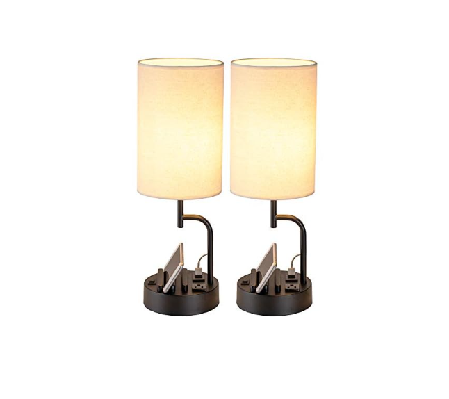 Dreamholder Table Lamp with 3 USB Charging Ports, Modern Desk Lamp with AC Outlet and Phone Stands, Perfect Bedside Lamp for Bedroom, Living Room, Office (Pack of 2), Cream