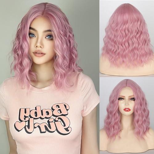 incohair Pink Bob Wigs for Women 14 Inch Short Wavy Bob Wig Colored Shoulder Length Middle Part Synthetic Pink Curly Short Wigs for Cosplay Party Use