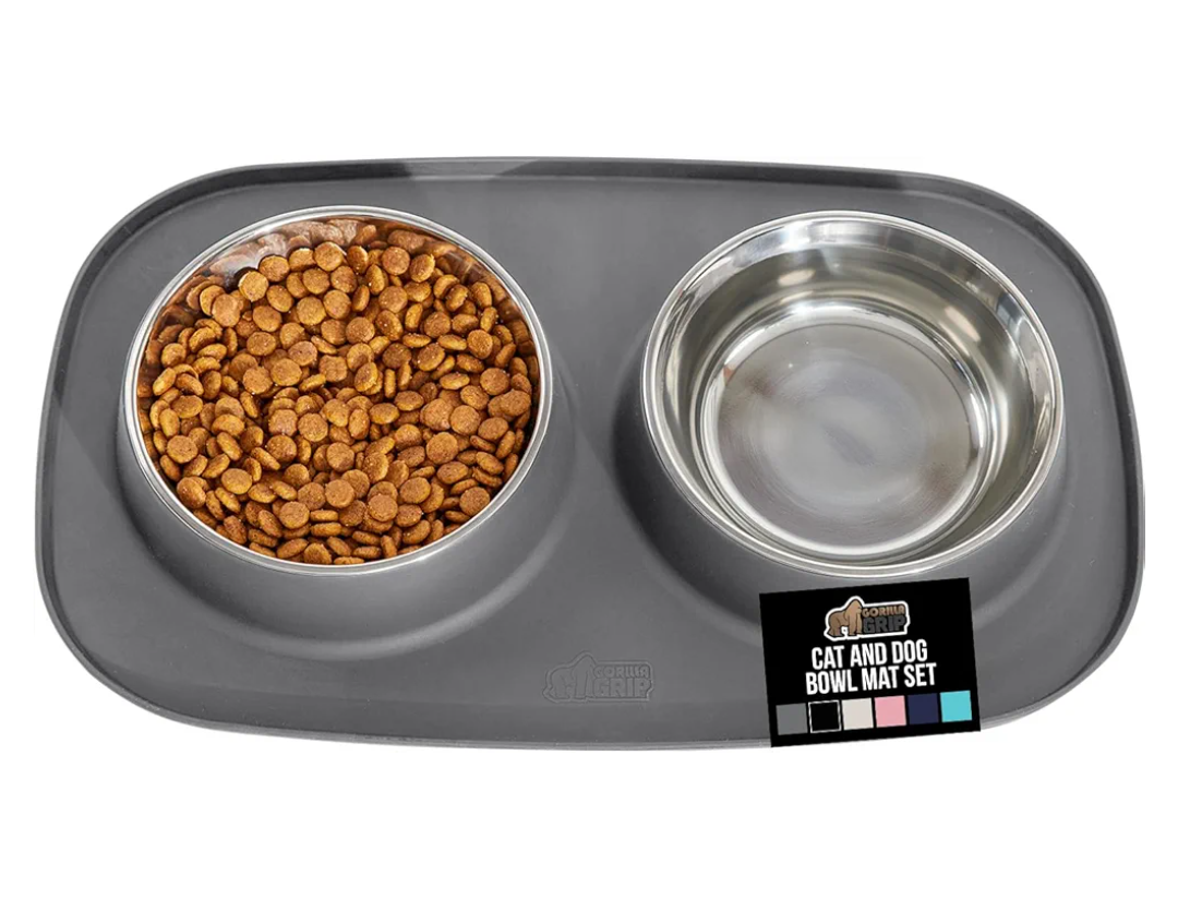 GORILLA GRIP Feeding Mat Bowl Set, 100% Waterproof BPA Free Silicone Base, 304 Stainless Steel Cat and Dog Bowls for Food and Water, Slip Resistant, High