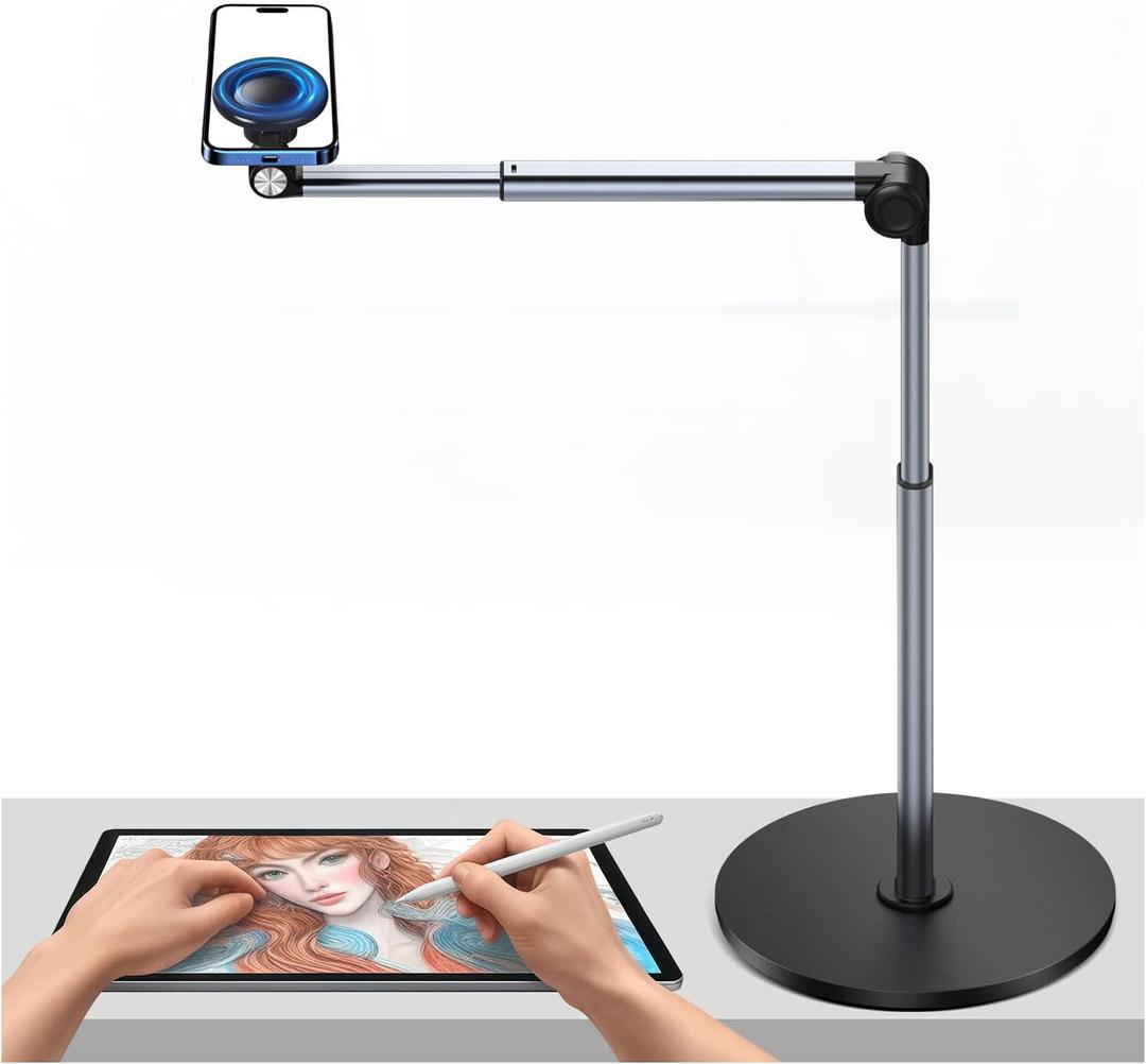 yAyusi Heavy Duty Aluminum Magnetic Overhead Tripod for iPhone, 13.7 in Long Overhead Phone Mount, Flexible Articulating Arm Phone Mount for Desk for Live Streaming, Meeting, Cooking