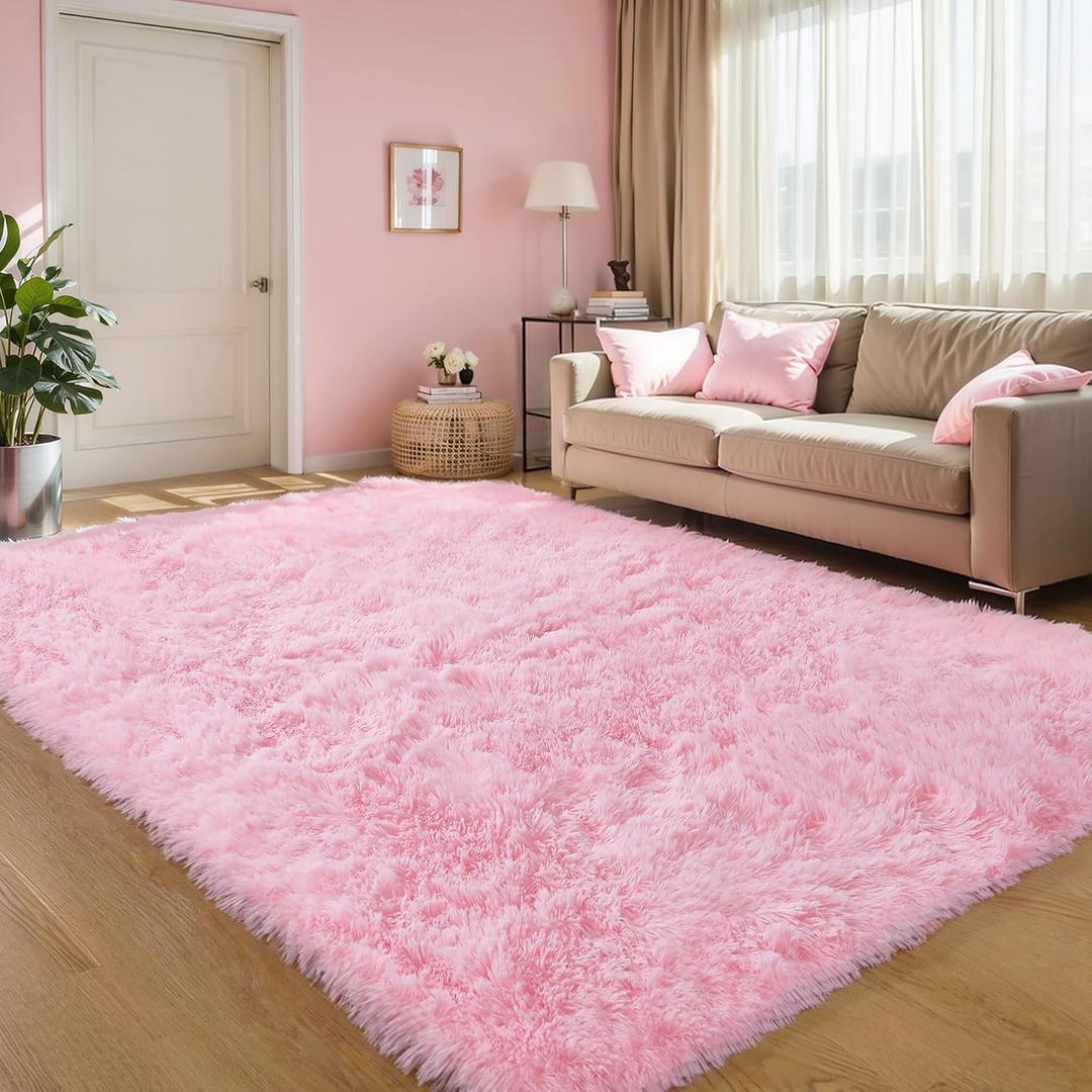 6x9 Pink Shag Rug for Girls Bedroom, Soft Plush Fluffy Carpet