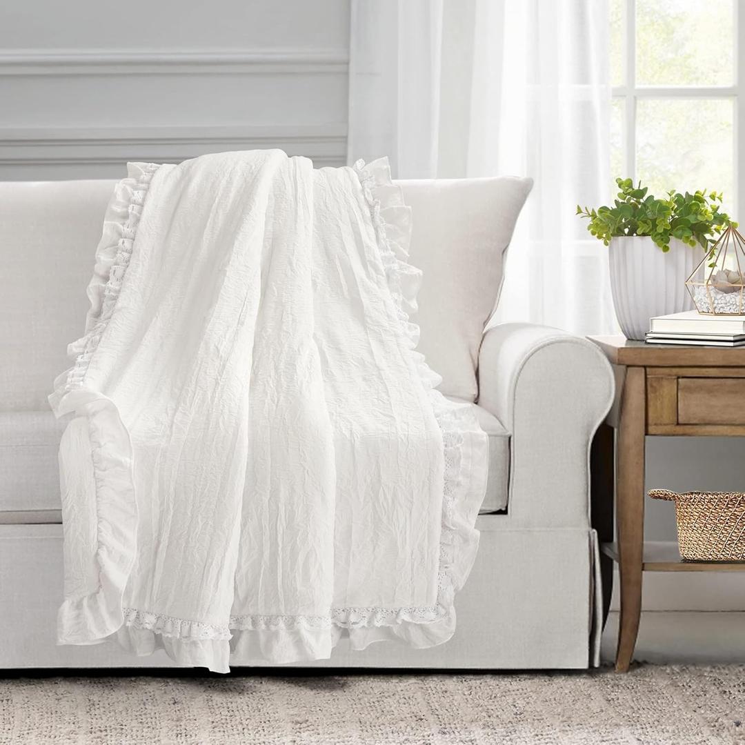 Lush Decor Ella Shabby Chic Ruffle Lace Blanket, 120 x 96", White  