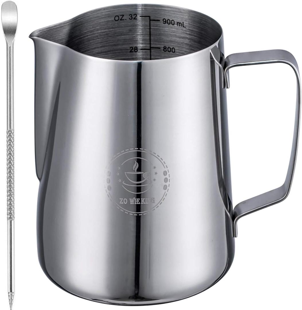 Milk Frothing Pitcher 32oz,Espresso Steaming Pitchers 900ml,Espresso Machine Accessories,Milk Frother Cup 32 Oz,Coffee Cappuccino Latte Art,Stainless Steel Jug