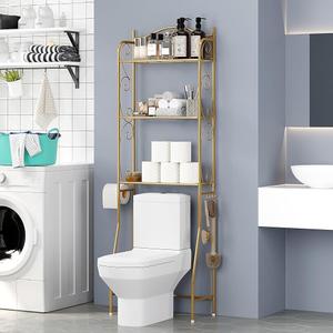 HOME BI Over The Toilet Storage Shelf, 3-Tier Over Toilet Bathroom Organizer Rack, Freestanding Space Saver Toilet Stands with Hooks, Gold