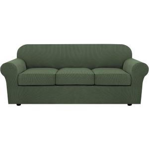 H.VERSAILTEX 4 Piece Stretch Sofa Covers for 3 Cushion Couch Covers for Living Room Furniture Slipcovers (Base Cover Plus 3 Seat Cushion Covers) Upgraded Thicker Jacquard Fabric (Sofa, Bronze Green) (Large)