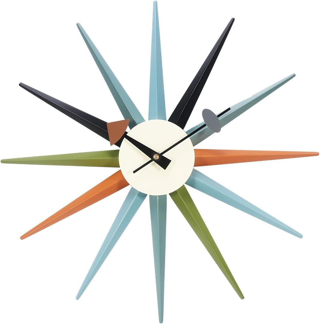 SHISEDECO Modern Sunburst Clock in Multicolor, Non Ticking Wooden Mid Century Retro Design Decorative Silent Wall Quartz Clocks for Home, Living Room, Office and Bedroom etc.