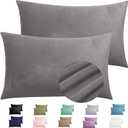 2 Pack Zippered Velvet Standard Pillowcases, Super Soft and Cozy Luxury Fuzzy Flannel Pillow Cases with Zipper, 20x26 Inches, Dark Grey