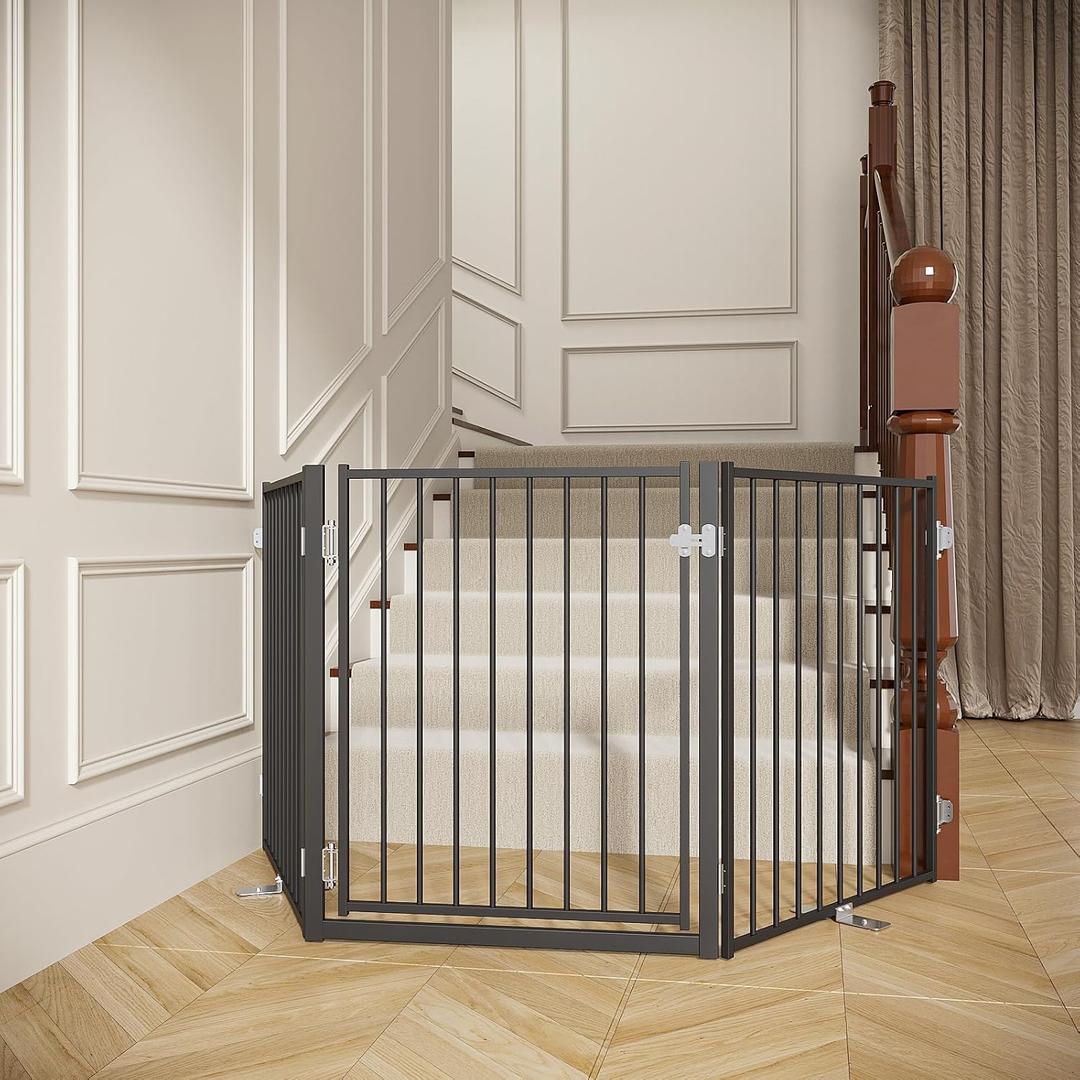 No Pawblems Freeor, Up to 78 Inch Extra Wide Puppy Gate for Stairs,  Standing Dog Gate with Door, 30'' Tall Foldable Dog Fence for Indoor & OutdoHallways, Doorways, Deck, Yard (Black, 3 Panels)