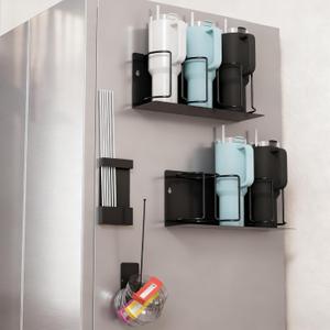 4 Pack Magnetic Cup Holder for Fridge, Water Bottle Cup Holder with Mug Hooks, Tumbler Set with Lid Organizer & Straw Straw Holder, Kitchen Storage for Stanley Cup Accessories