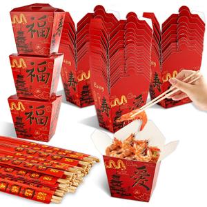 gisgfim 25 Sets Hibachi Party Supplies 16 oz Chinese Take Out Boxes with Chopsticks Disposable Paper Chinese Food Boxes Takeout Containers for Asian Hibachi Japanese New Year Party Decorations (Red)