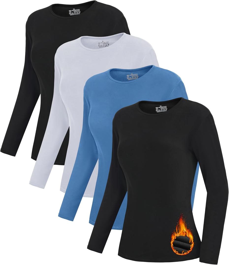 4 Pack Women's Thermal Long Sleeve Shirts Double-Sided Fleece Lined Base Layer Winter Basic Underwear Tops (A-2black/Grey/Blue)