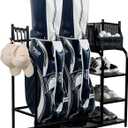MyGift Golf Bag Stand for Garage, Black Metal Extra Large Golf Garage Storage Organizer with 4 Shelf Ball Holder, Shoe Organizer, and 5 Hook Hanger, Golf Accessories Gift for Men
