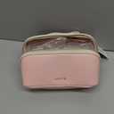 Prite Makeup Bag for Women Travel Waterproof Vegan Leather Cosmetic Bag Open Flat Toiletry Bag With Clear Divider and Handle (Pink, Medium)