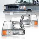 Headlights Compatible with 1992-1996 Ford F150 F250 F350/1992-1996 Bronco Replacements Headlamp Amber Reflector Chrome Housing (Basic Style)