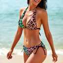 Women's Leopard Print Swimsuit Halter Padded Top Tie Side Bottom Triangle Bikini Sets (M)