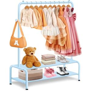 mirolam Kids Clothing Rack - Dress Up Clothes Storage Racks - Modern Wardrobe - Small Kids Costume Wardrobe Rack with 2 Fabric Floors Storage Shelf -Blue Dresser for Kids Bedroom
