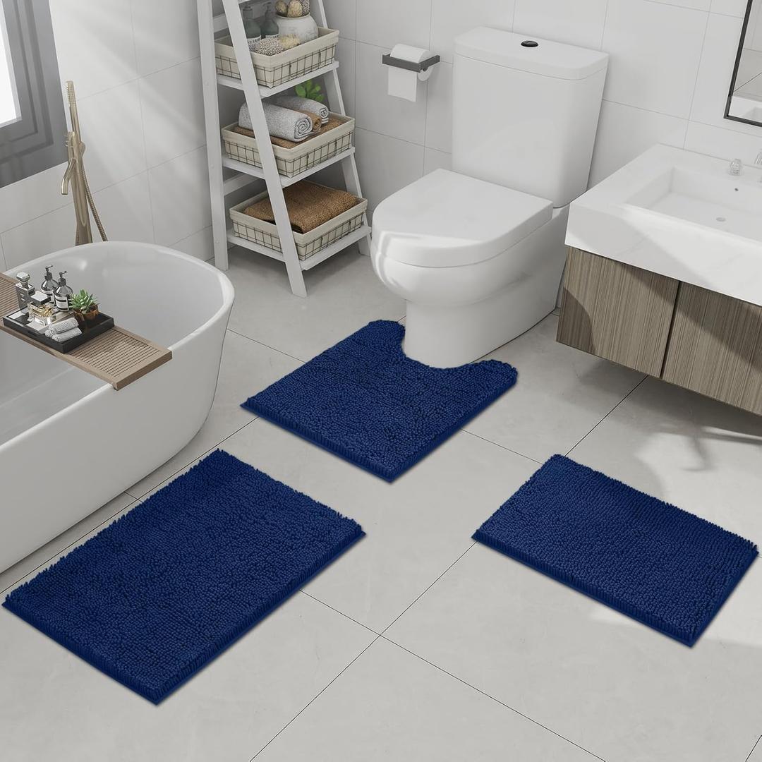Bathroom Rug Set 3 Pieces Luxuriously Soft, Highly Absorbent Chenille Bath Rugs with Non-Slip PVC Backing and Machine Washable Toilet Rug for Bathroom, Bedroom, Kitchen, Hallway, Navy Blue