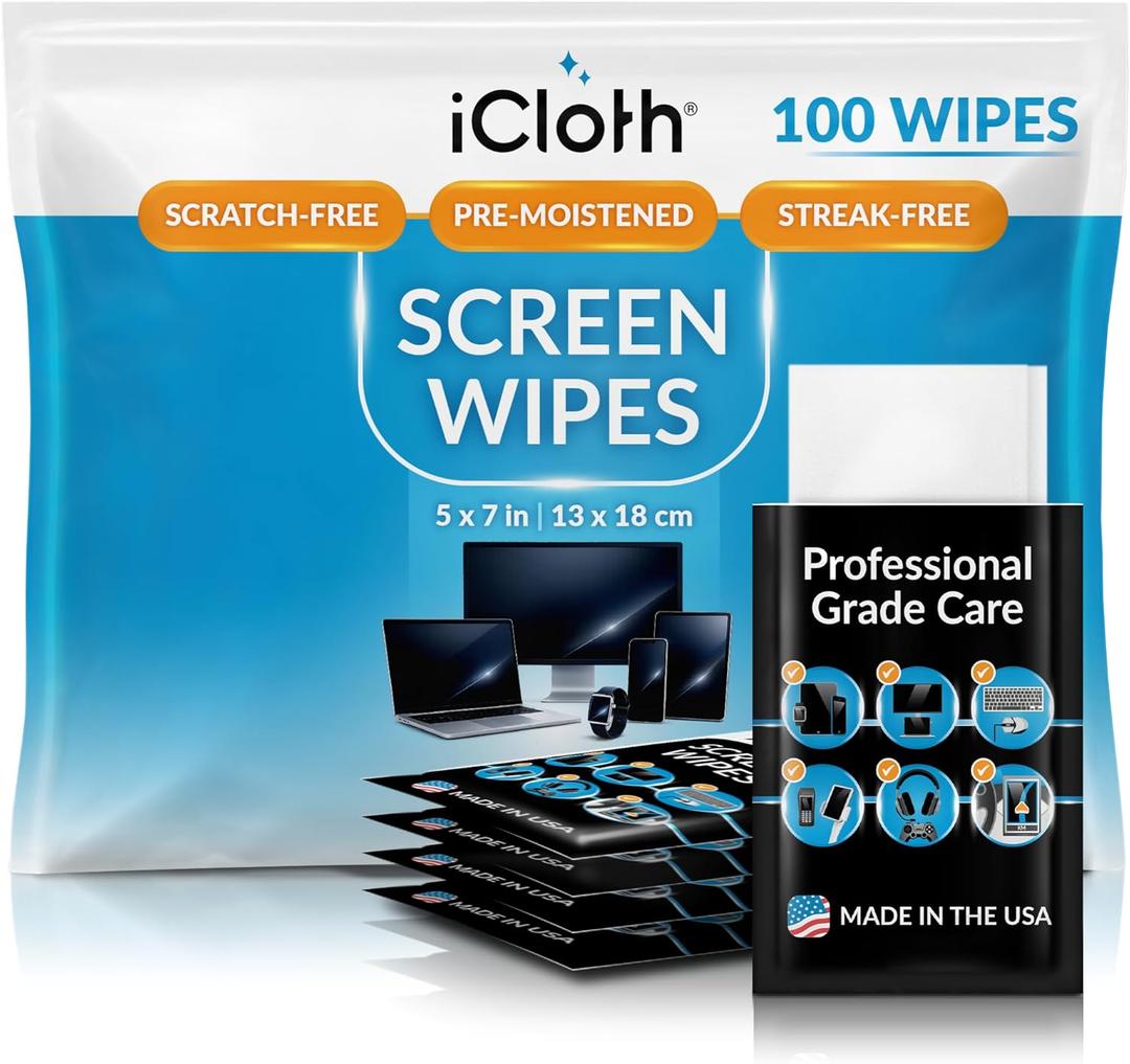 iCloth Large Screen Cleaning Wipes for Electronics, Lint-Free and Streak-Free, Fast-Drying, Removes Dust, Fingerprints, and Smudges (100 Wipes)