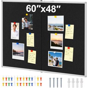 Large Cork Bulletin Board, 48 X 36 in Foldable Silver Aluminium Frame Noticeboard for Wall, 4'x 3' Large Wall Mounted Memo Notice Pin Board with 28 Push Pins for School, Home & Office (Black), 36 x 24 inches