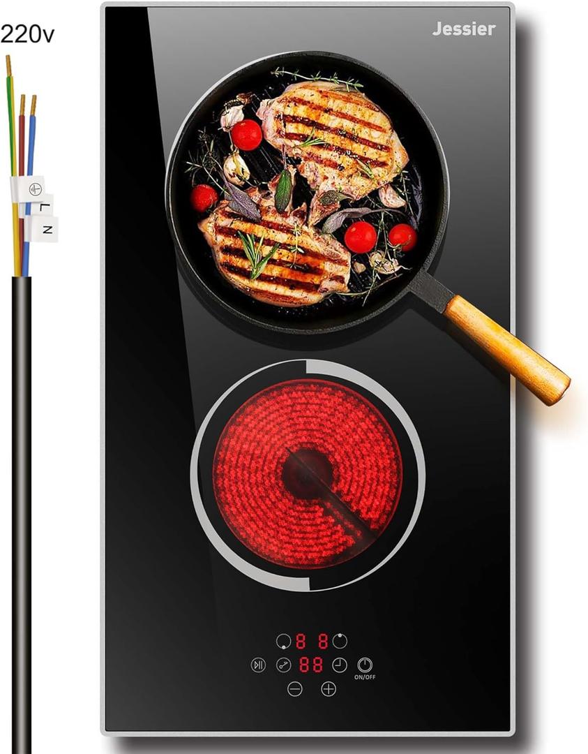 Electric Cooktop 12 Inch - 2 Burner Countertop & Built-in Ceramic Cooktop, Electric Stove Top with Glass Protection Metal Frame, 9 Heating Level, 3000W, 220-240V Hard Wire(No Plug) (2 Zones / 220-240v / Touch)