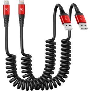 2 Pack Coiled Lightning Cable 3ft, iPhone Charger Cable for Car, [Apple MFi Certified] Lightning Cord Compatible with iPhone 14/13/12/11 Pro Max/XS MAX/XR/XS/X/8/7/Plus/6S iPad/iPod - Red (3FT, Red)