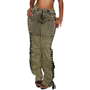 Women Straight Leg Jeans Casual Y2k High Waisted Lace UP Split Hem Jeans Slim Fit Trendy Denim Pants (Medium, Green)