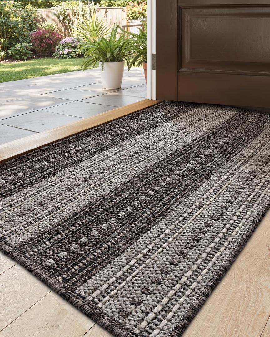 DEXI Dirt Trapper Door Mat, 20x31 Washable Doormat, Dirt Resistant and Absorbent, Easy Clean Low-Profile Floor Rugs for Entryway, Front Door, and Inside Entrance, Striped Grey