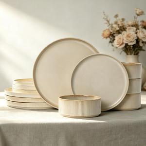 Stoneware Dinnerware Sets, Plates and Bowls Sets for 4, 12-Piece Ribbed Dishes Chip & Scratch Resistant, Microwave and Dishwasher Safe Tableware, Beige