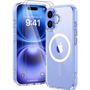 for iPhone 16 Case,Slim Clear Magnetic Protective Cover,(Compatible with MagSafe),Military-Grade Shockproof Anti-Yellowing Protection,with 2X Screen Protectors,Transparent for 6.1"