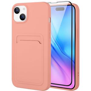 MZELQ Silicone Compatible with iPhone 15 Case, Card Holder Camera Protection Cover + Screen Protector, Card Slot Soft Slim Phone Case -Pink