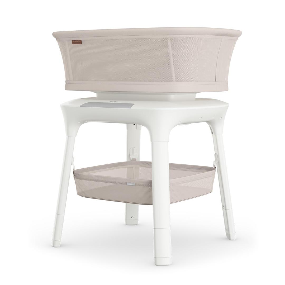 UPPAbaby Soma Smart Bassinet 5 motions + 5 speeds + 4 Sounds with MotionSync Technology Height Adjustable Included Mattress, Sheet + Storage Basket Charlie (Sand Mlange)