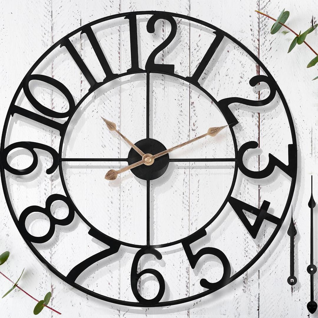 20 in Large Outdoor Clock  Black Metal Outdoor Wall Clock for Patio/Pool Area  Farmhouse Decorative Outdoor Clocks Sient Battery Operated  Vintage Industrial Outside Clock for Garden, Backyard