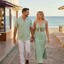 PATPAT Couples Matching Outfits Bodycon Dress & Button-Down Shirt | Matching Cruise Outfits for Couples, Beach Vacation Outfits, Tie Front Cutout Slit Bodycon Sundress, Linen Men's Shirt (Green, XL)